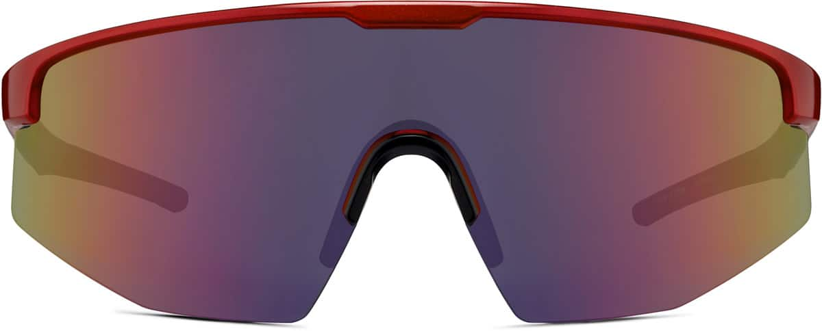 Front view of Wrap-Around Shield Sunglasses A10161518 in Red with Purple Mirror