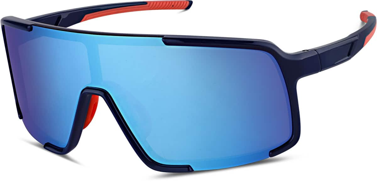 Angle view of Wrap-Around Shield Sunglasses A10161616 in Blue with Blue Mirror