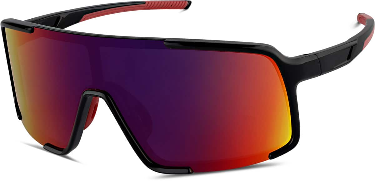 Angle view of Wrap-Around Shield Sunglasses A10161621 in Black with Flame Red Mirror