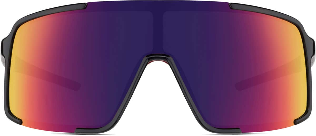 Front view of Wrap-Around Shield Sunglasses A10161621 in Black with Flame Red Mirror