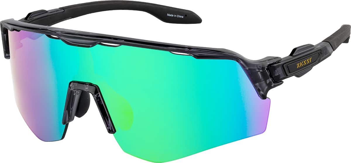 Angle view of Wrap-Around Shield Sunglasses T02051224 in Black with Iredescent Mirror