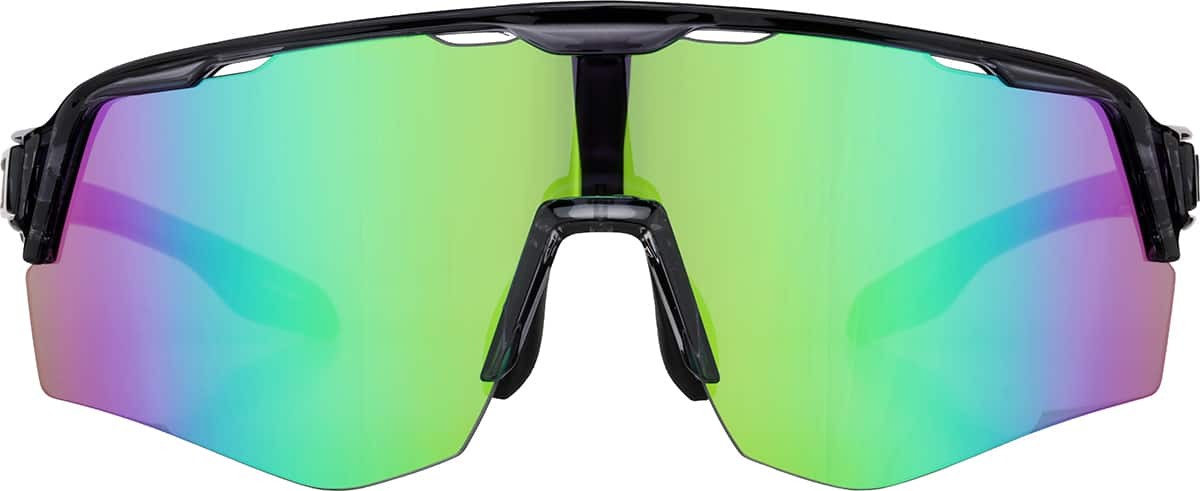 Front view of Wrap-Around Shield Sunglasses T02051224 in Black with Iredescent Mirror