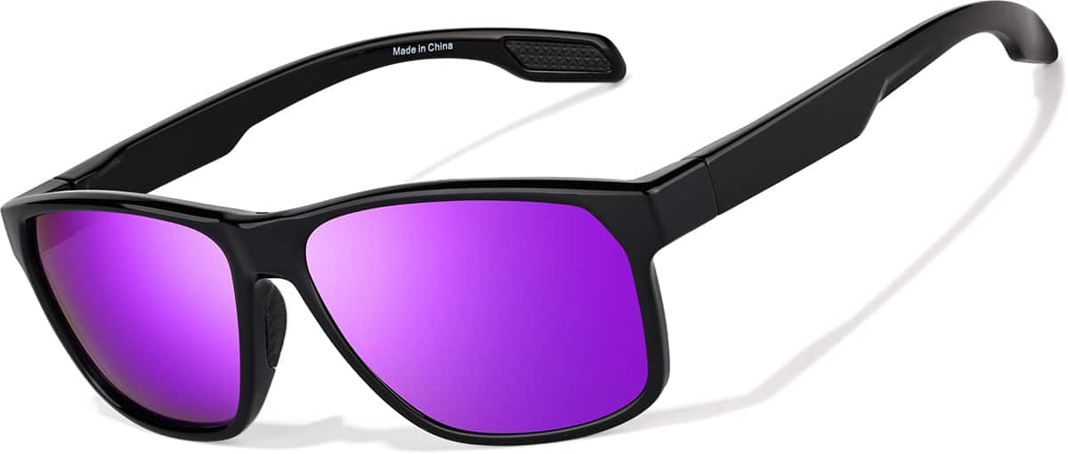 Angle view of Rectangle Sports Sunglasses T02152117 in Black with Purple Mirror