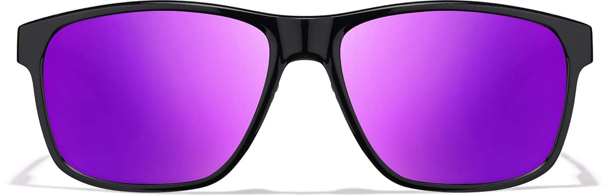 Front view of Rectangle Sports Sunglasses T02152117 in Black with Purple Mirror