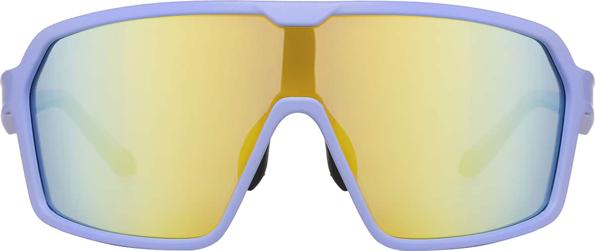 Front view of Wrapped Shield Sunglasses T02221614 in Purple with Gold Mirror