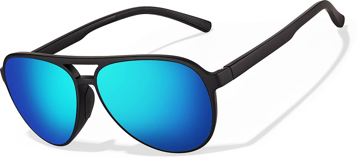 Angle view of Aviator Sports Sunglasses T99022116 in Matte Black with Blue Mirror