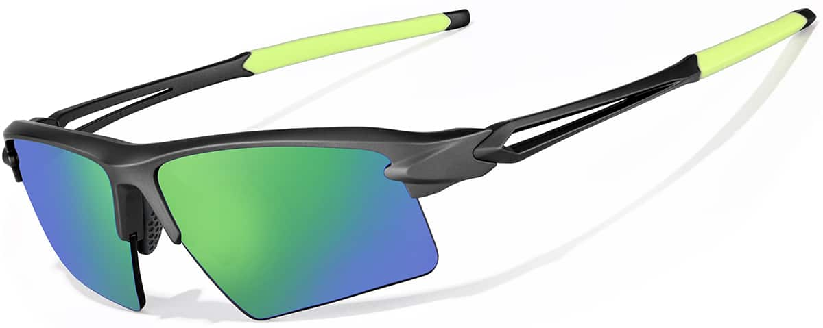 Angle view of Wrap-Around Sports Sunglasses T99071224 in Gray with Green Mirror