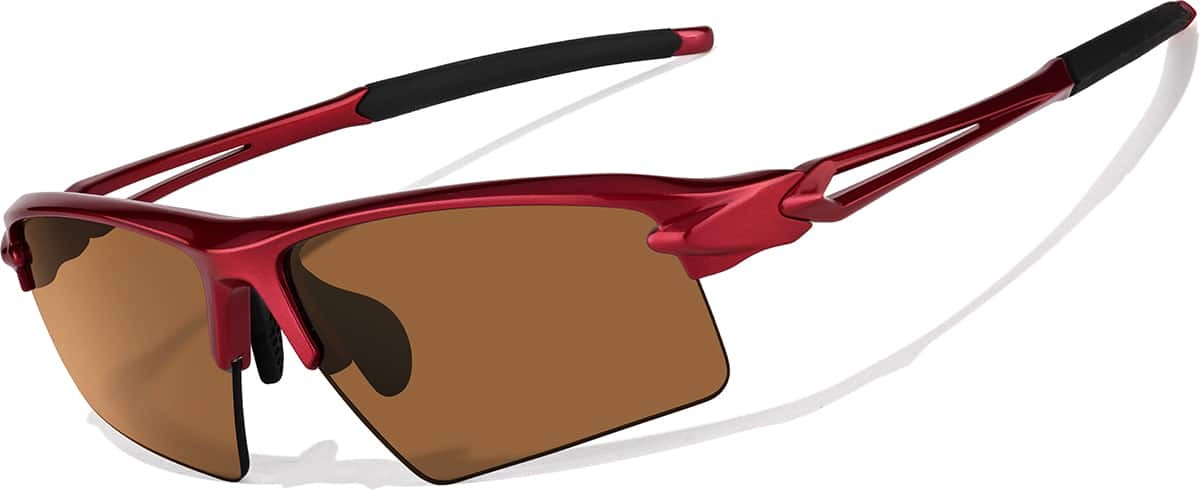 Angle view of Wrap-Around Sports Sunglasses T99081815 in Red with Brown Lenses