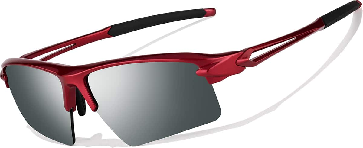 Angle view of Wrap-Around Sports Sunglasses T99091818 in Red with Silver Mirror