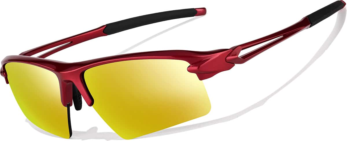 Angle view of Wrap-Around Sports Sunglasses T99101842 in Red with Gold Mirror