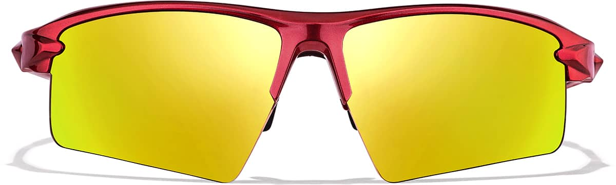 Front view of Wrap-Around Sports Sunglasses T99101842 in Red with Gold Mirror