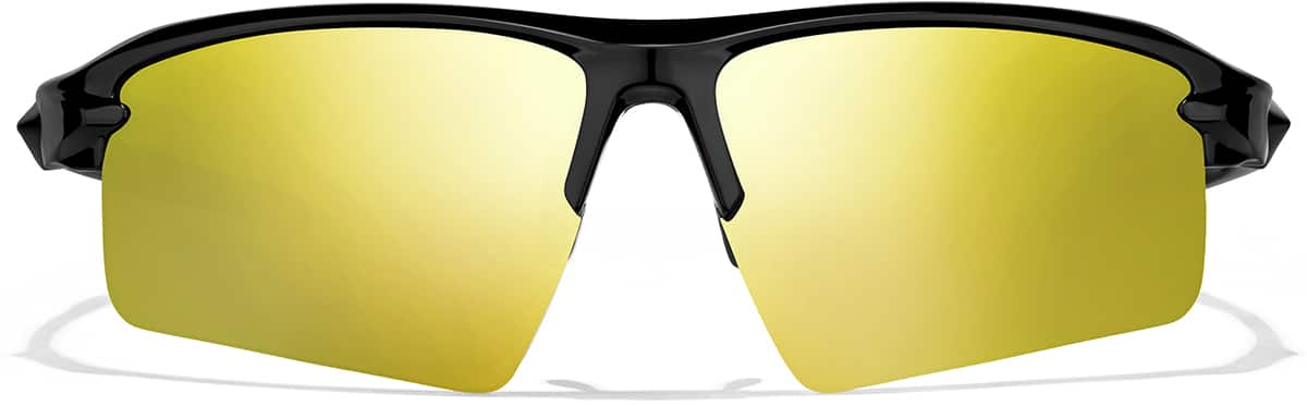 Front view of Wrap-Around Sports Sunglasses T99122114 in Black with Gold Mirror