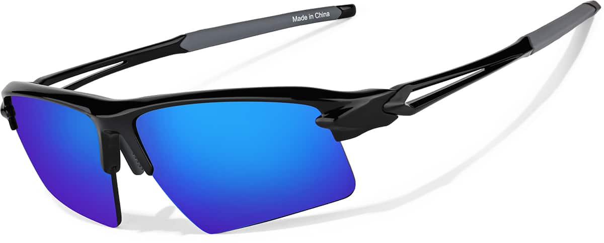 Angle view of Wrap-Around Sports Sunglasses T99132116 in Black with Blue Mirror