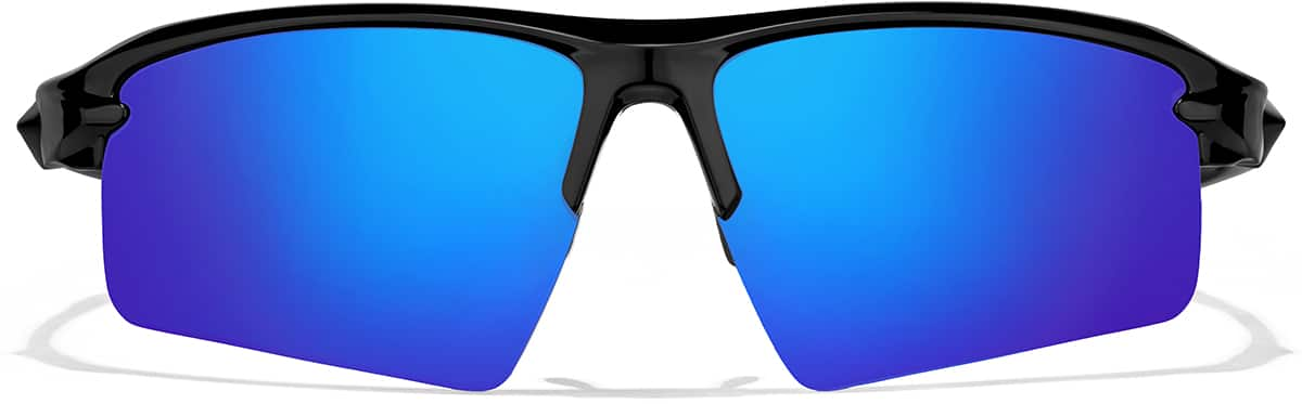 Front view of Wrap-Around Sports Sunglasses T99132116 in Black with Blue Mirror