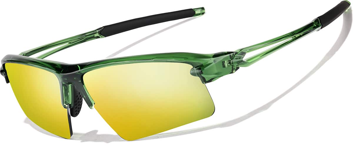 Angle view of Wrap-Around Sports Sunglasses T99142414 in Green with Gold Mirror