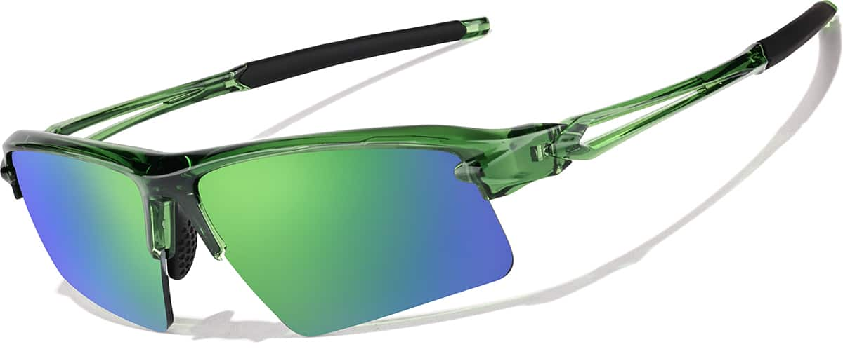 Angle view of Wrap-Around Sports Sunglasses T99162434 in Green with Green Mirror