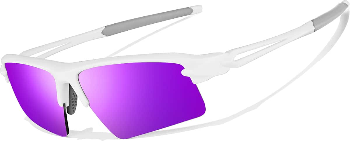 Angle view of Wrap-Around Sports Sunglasses T99193017 in White with Purple Mirror