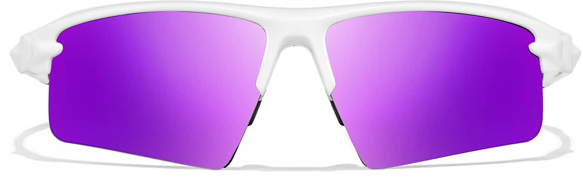 Front view of Wrap-Around Sports Sunglasses T99193017 in White with Purple Mirror