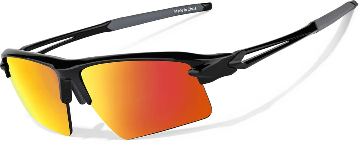 Angle view of Wrap-Around Sports Sunglasses T99212118 in Black with Flame Mirror