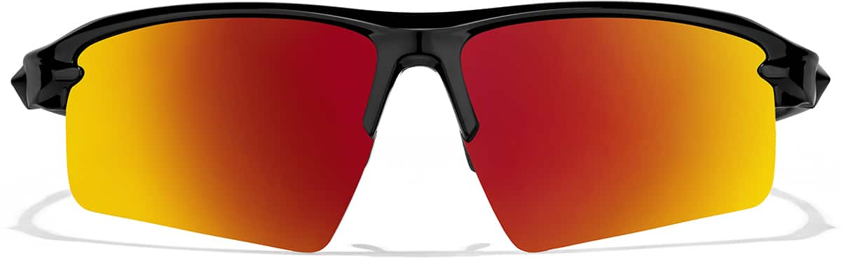 Front view of Wrap-Around Sports Sunglasses T99212118 in Black with Flame Mirror