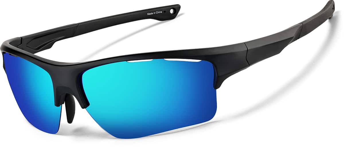 Angle view of Wrap-Around Sports Sunglasses T99222116 in Black with Indigo Mirror