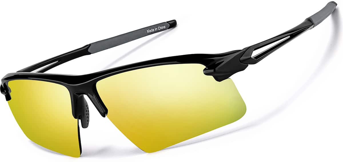 Angle view of Wrap-Around Sports Sunglasses(Larger Lenses) T99252114 in Black with Gold Mirror