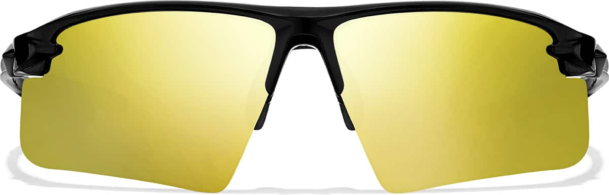 Front view of Wrap-Around Sports Sunglasses(Larger Lenses) T99252114 in Black with Gold Mirror