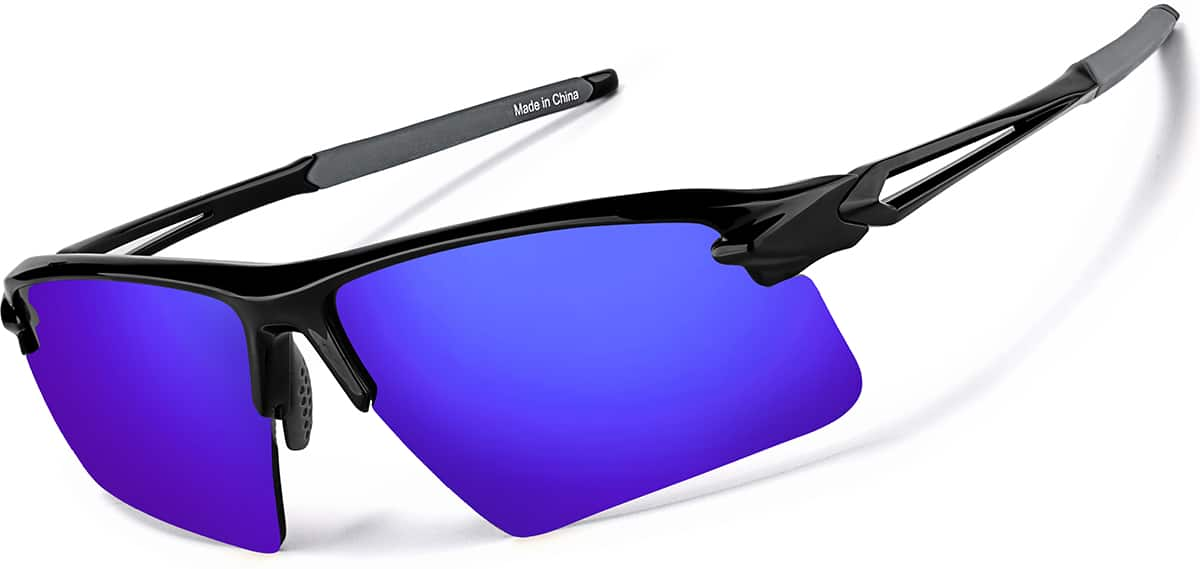 Angle view of Wrap-Around Sports Sunglasses T99262116 in Black with Blue Mirror