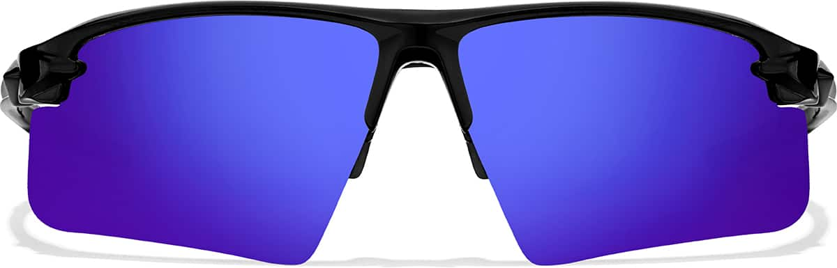 Front view of Wrap-Around Sports Sunglasses T99262116 in Black with Blue Mirror