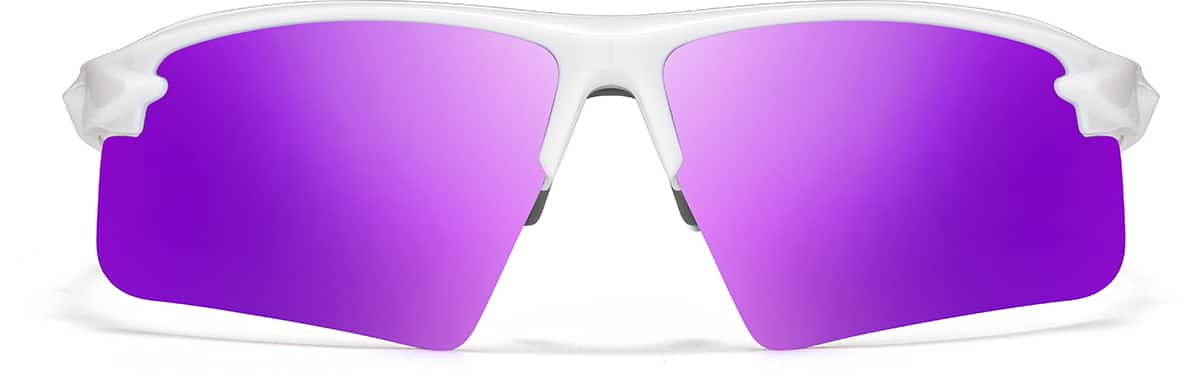 Front view of Wrap-Around Sports Sunglasses(Larger Lenses) T99293017 in White with Purple Mirror