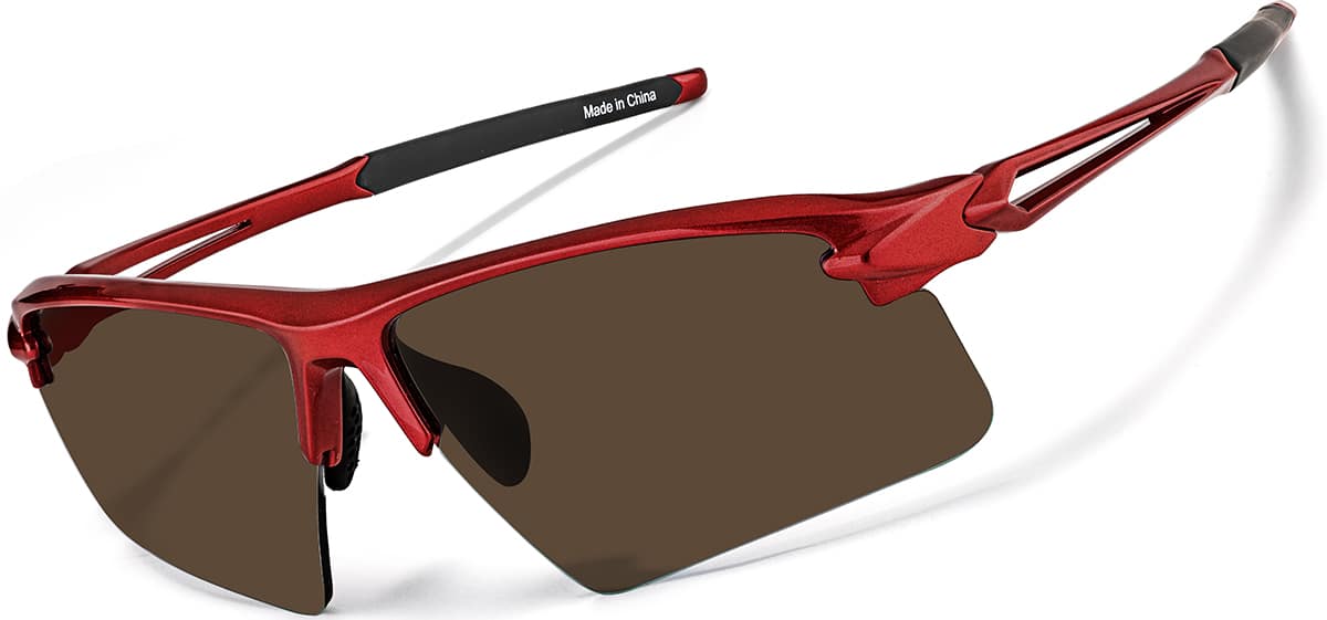 Angle view of Wrap-Around Sports Sunglasses T99301815 in Red with Brown Lenses