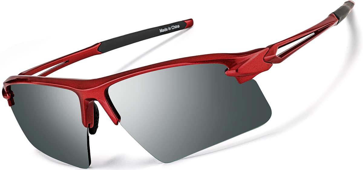 Angle view of Wrap-Around Sports Sunglasses T99311818 in Red with Silver Mirror