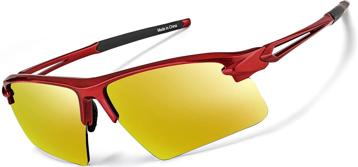 Angle view of Wrap-Around Sports Sunglasses T99321842 in Red with Gold Mirror