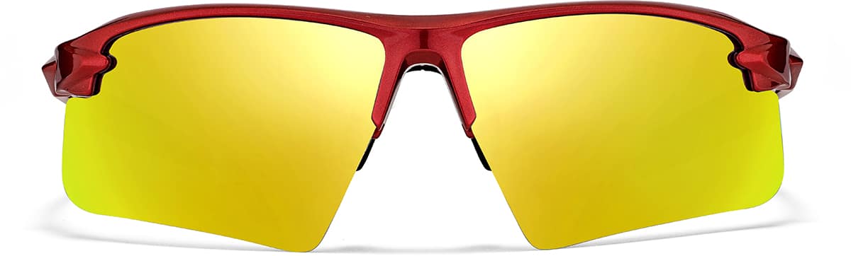 Front view of Wrap-Around Sports Sunglasses T99321842 in Red with Gold Mirror