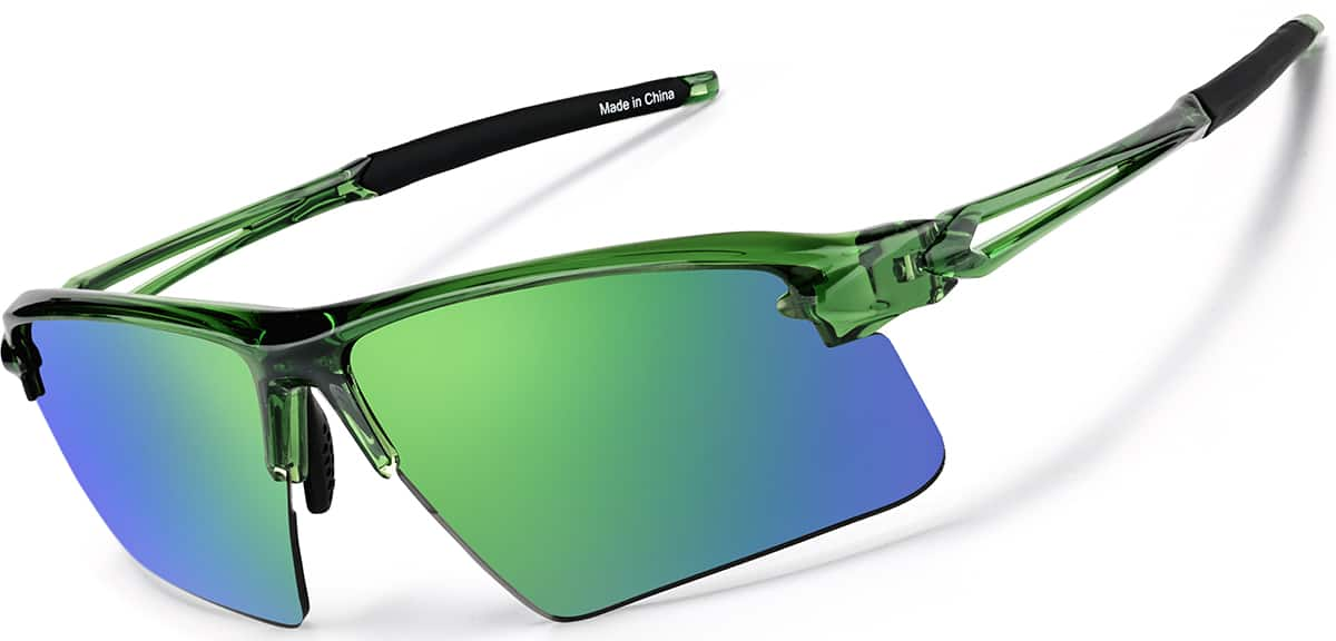 Angle view of Wrap-Around Sports Sunglasses T99342434 in Green with Green Mirror