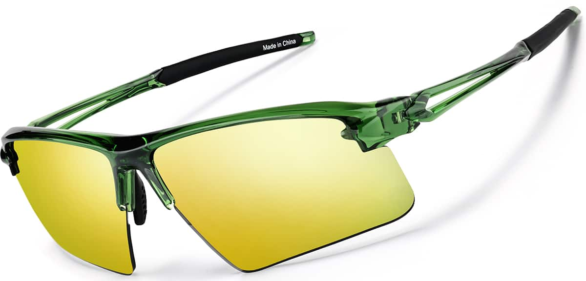 Angle view of Wrap-Around Sports Sunglasses T99352414 in Green with Gold Mirror