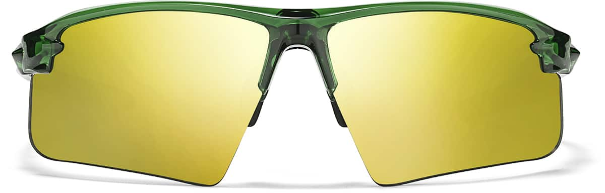 Front view of Wrap-Around Sports Sunglasses T99352414 in Green with Gold Mirror