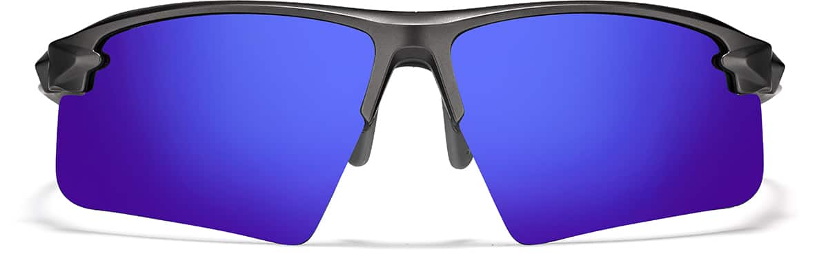 Front view of Wrap-Around Sports Sunglasses T99371216 in Gray with Indigo Mirror