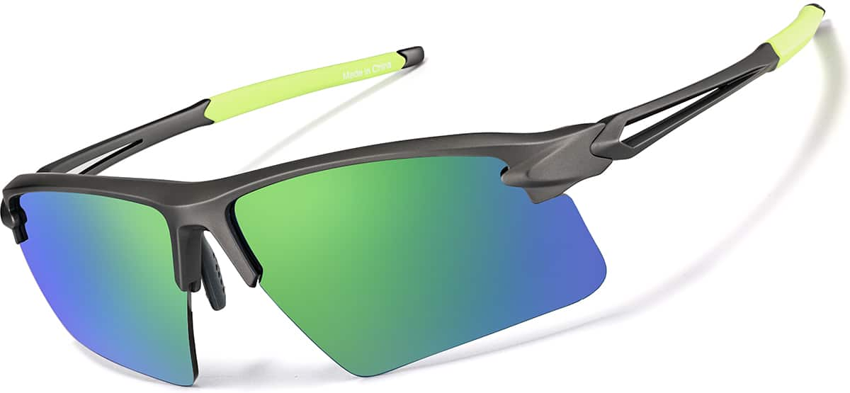 Angle view of Wrap-Around Sports Sunglasses(Larger Lenses) T99381224 in Gray with Green Mirror