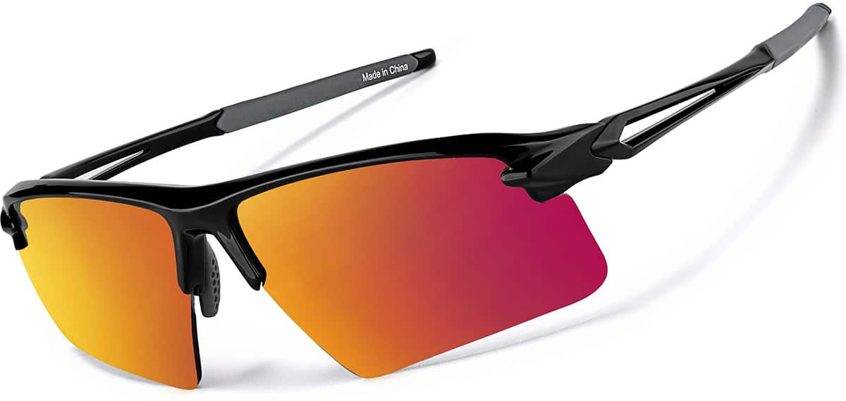 Angle view of Wrap-Around Sports Sunglasses T99402118 in Black with Flame Mirror