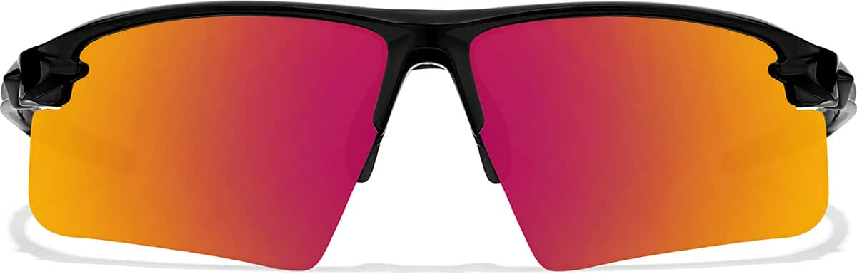 Front view of Wrap-Around Sports Sunglasses T99402118 in Black with Flame Mirror