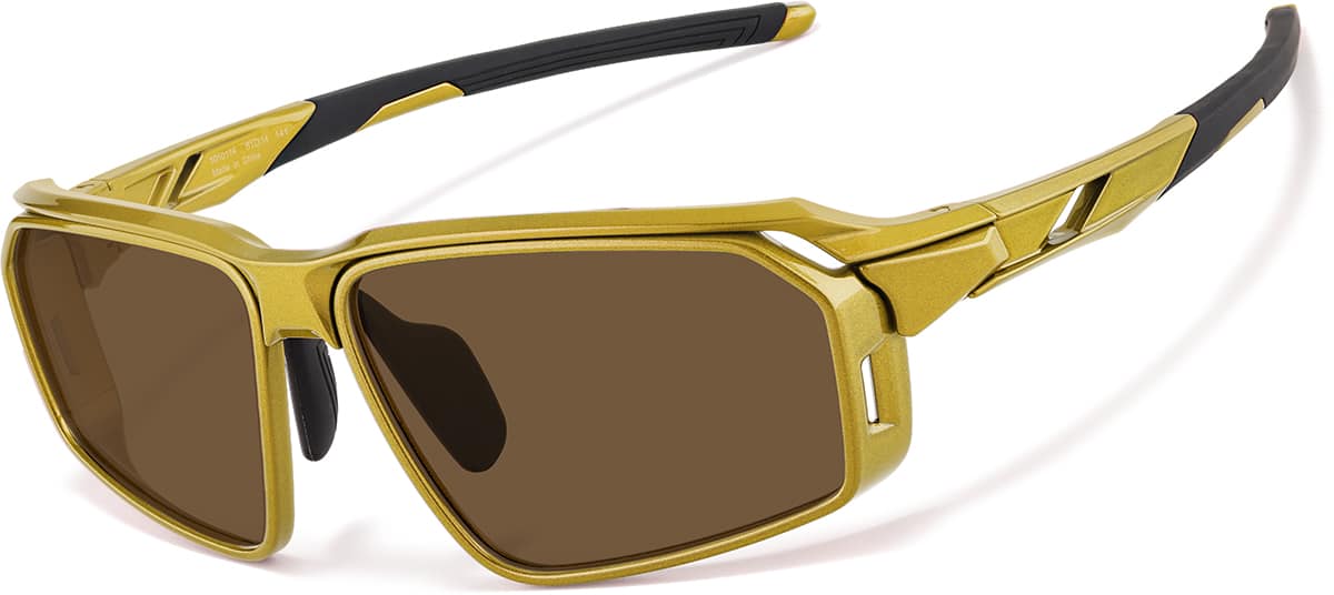 Angle view of Active Wrap-Around Sunglasses T99471415 in Gold with Brown Lens