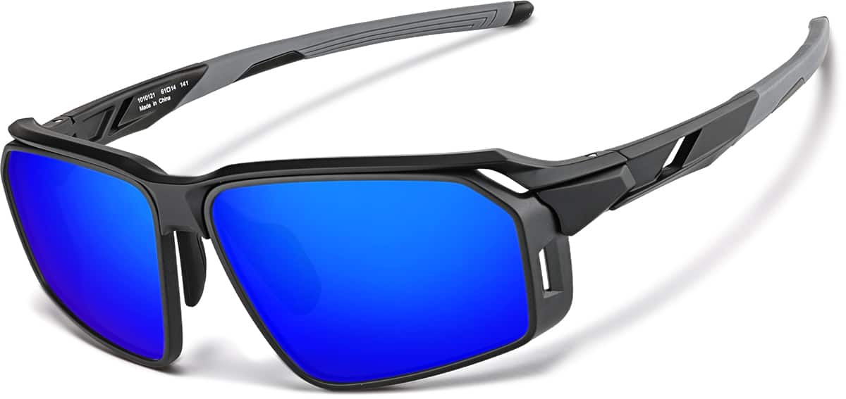 Angle view of Active Wrap-Around Sunglasses T99662116 in Black with Blue Mirror