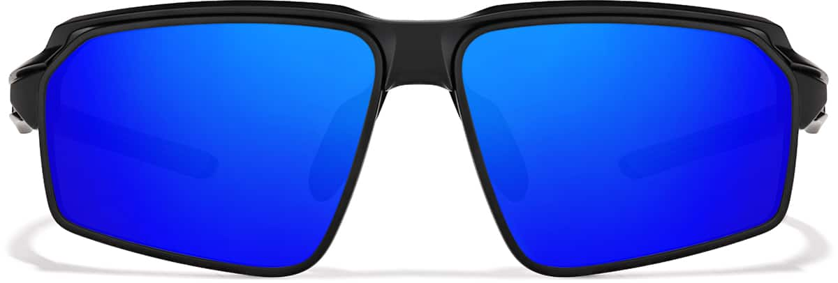 Front view of Active Wrap-Around Sunglasses T99662116 in Black with Blue Mirror