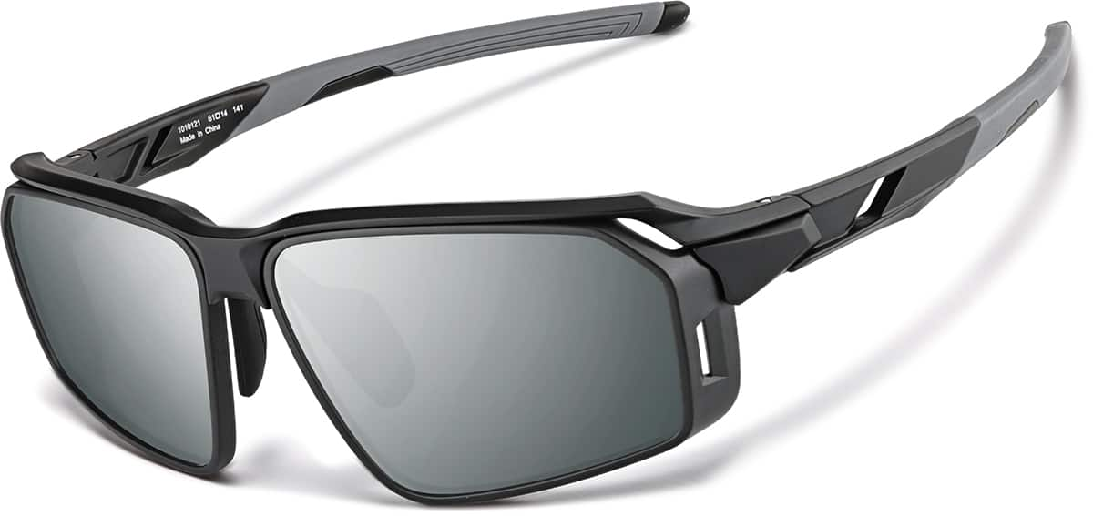 Angle view of Active Wrap-Around Sunglasses T99672111 in Black with Silver Mirror