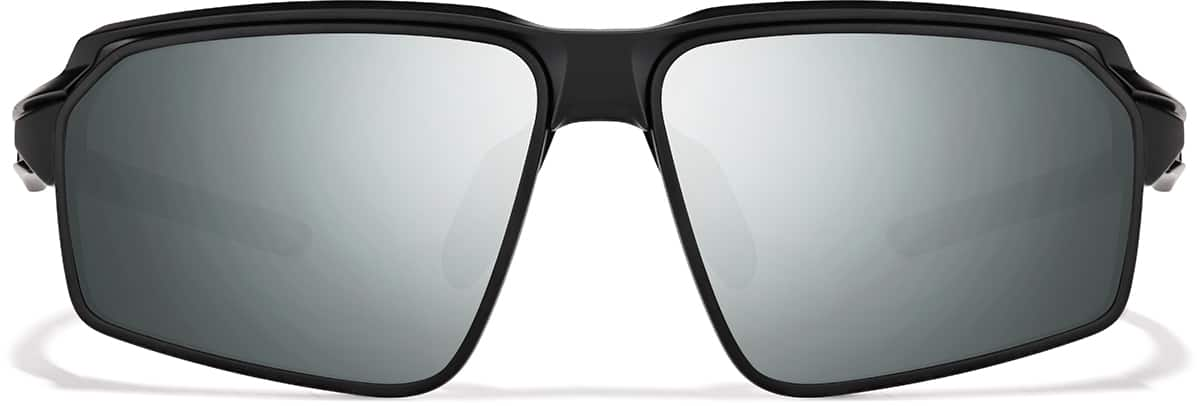 Front view of Active Wrap-Around Sunglasses T99672111 in Black with Silver Mirror