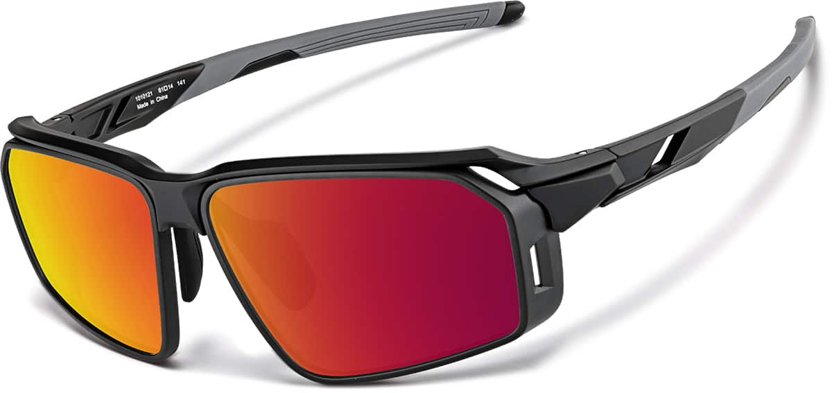 Angle view of Active Wrap-Around Sunglasses T99682118 in Black with Red Mirror